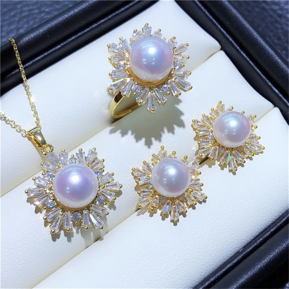 DIY Pearl Accessories 18K Bag Gold Copper Thick Gold-plated Snowflake T Square Zircon Pendant Ring Stud Earrings Set Empty Holde