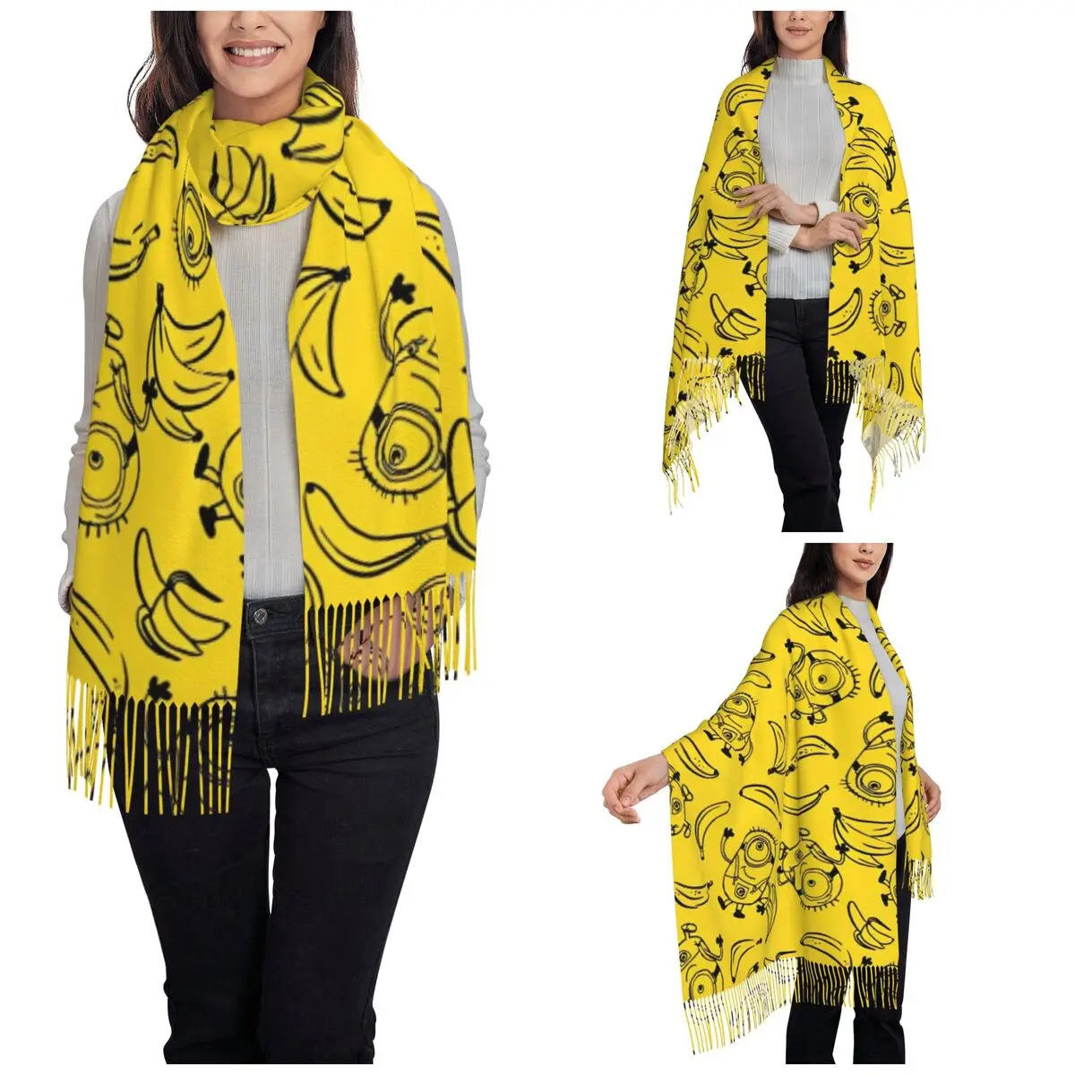 Womens Tassel Scarf Kawaii Despicable Me Minions Large Winter Fall Shawl Wrap Banana Cartoon Anime Gifts Cashmere Scarf