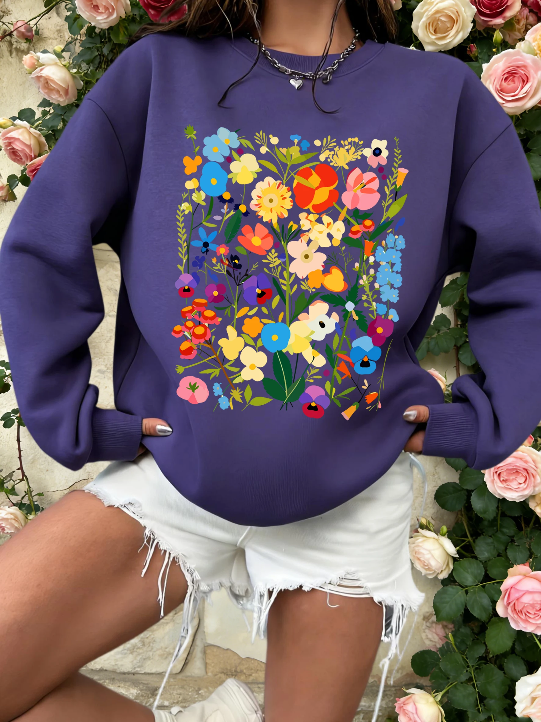 

Богемные толстовки с яркими цветочными принтами, флисовые осенние уличные пуловеры с круглым вырезом, универсальные женские свободные модные вещи