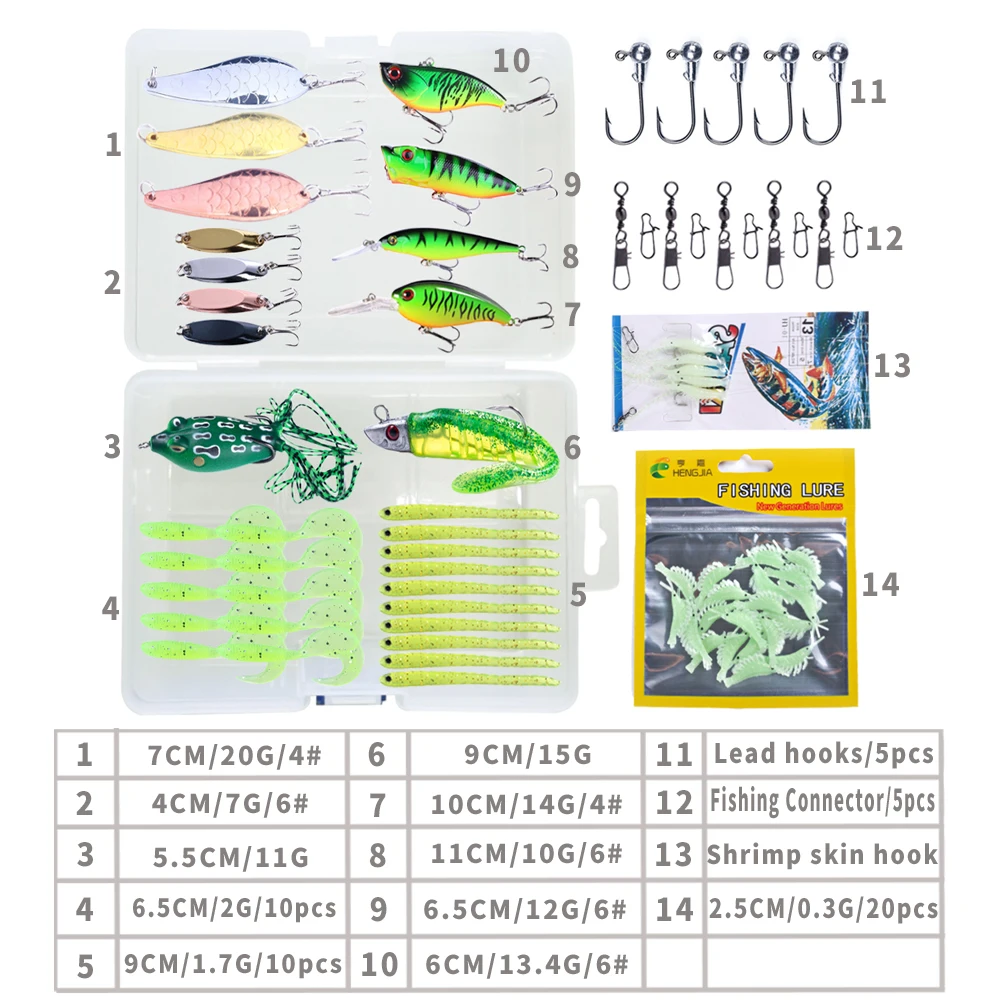 

63pcs Fishing Lures Mixed Kit Soft Frog Lure & Metal Spoon & Minnow Popper Baits with Jig Hooks Box for Bass Pike Blackfish