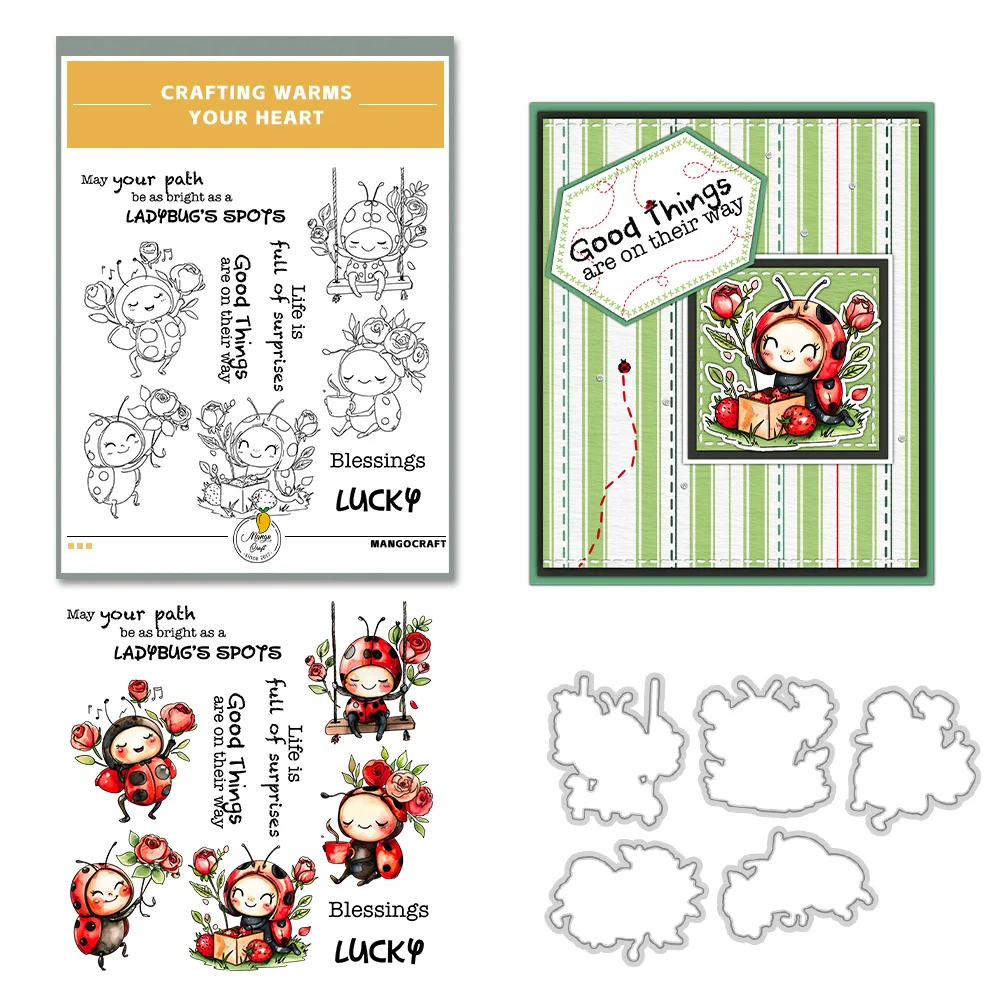 Mangocraft Spring Day Cartoon Baby LadybugsCutting Dies Clear Stamp DIY Scrapbooking Metal Dies Silicone Stamp For Cards Albums