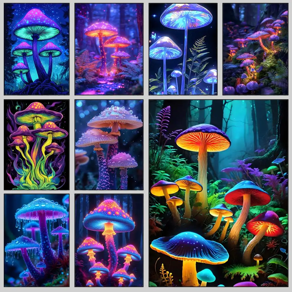 art Psychedelic Magic Mushrooms Poster Wall Posters Self-Adhesive Wall Stickers Home Decoration for Bedroom Living Room