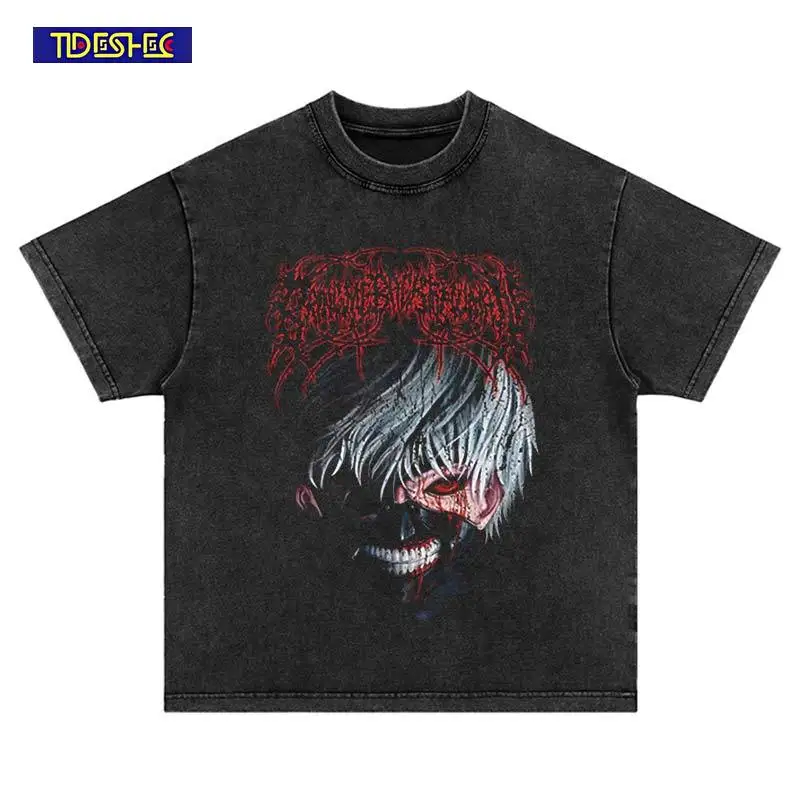 Summer Short Sleeve Japan Comic Hip Hop Harajuku Anime Print T-Shirt Streetwear Vintage Washed Fashion Oversized Cotton Tshirt