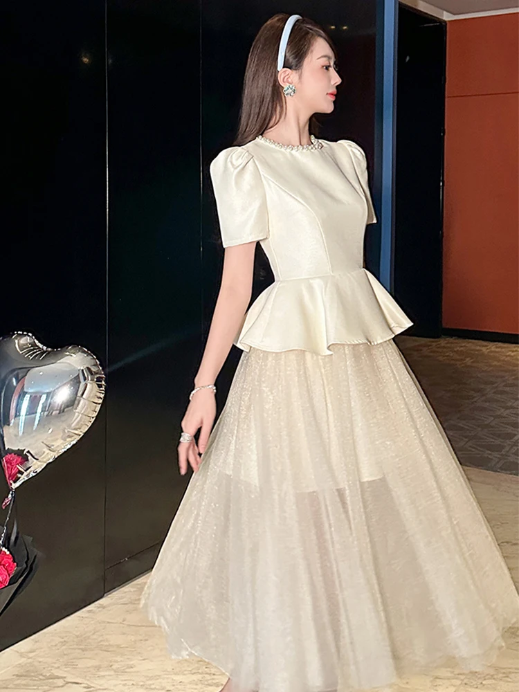 Abito da sera formale francese squisito da donna Abito da ballo in maglia trasparente femminile Lady Falso 2 pezzi con volant Swing Robe Abiti da compleanno