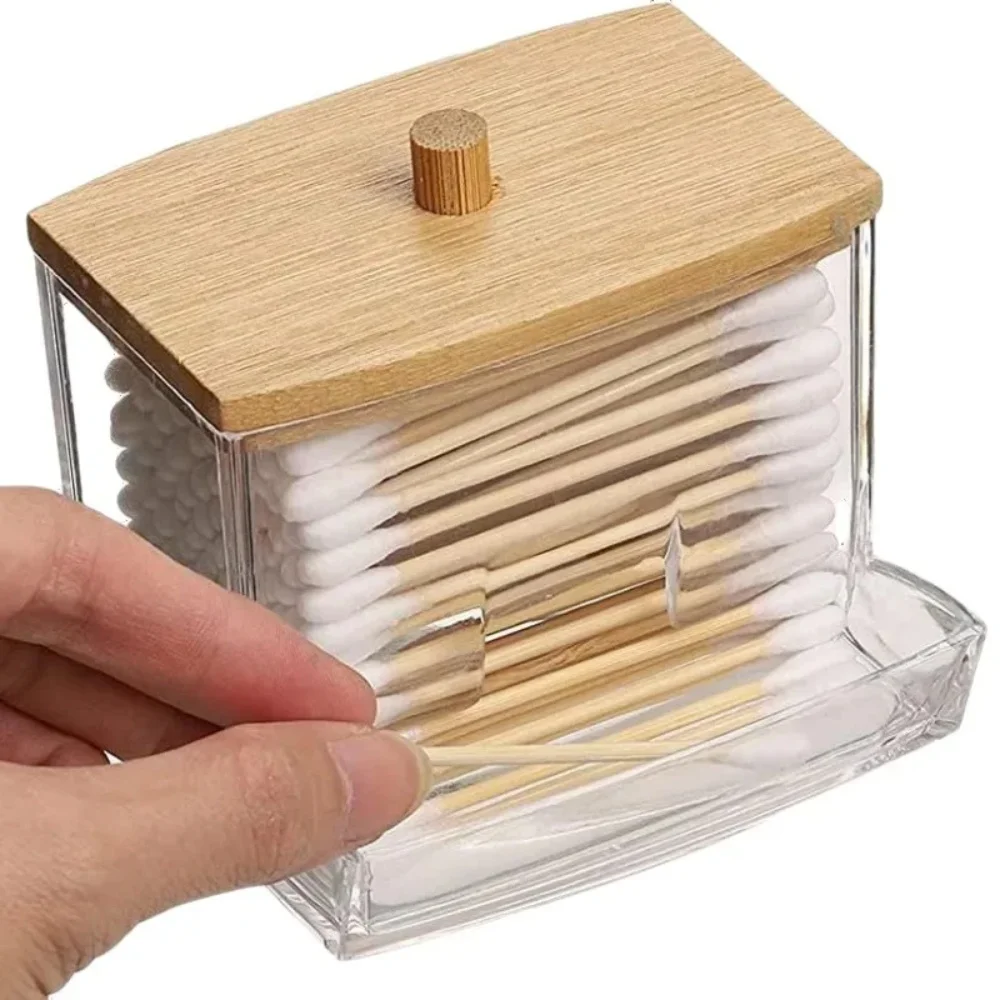 

Cotton Swab Storage Box With Lid Transparent Square Bamboo Cover Cotton Swab Toothpick Organize Box Double Head Buds Container