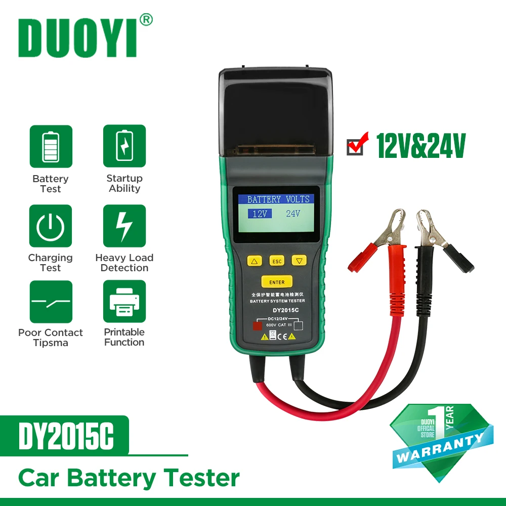 DUOYI DY2015B DY2015C Car Battery Tester with Printer 12V/24V LED Screen Battery & Cranking & Charging & Max Load Test Portable