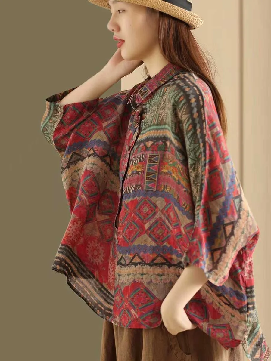 

Retro Ethnic Print Flax irt Loose Casual Batwing Sve Collar Top Women Summer New Sle Commute Sle Five Sve Le...