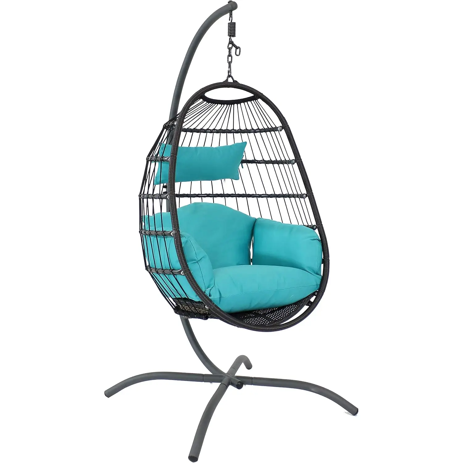 Penelope Hanging Egg Chair with Turquoise Seat Cushions and Steel Stand, Black Wicker Chair, 78-Inch