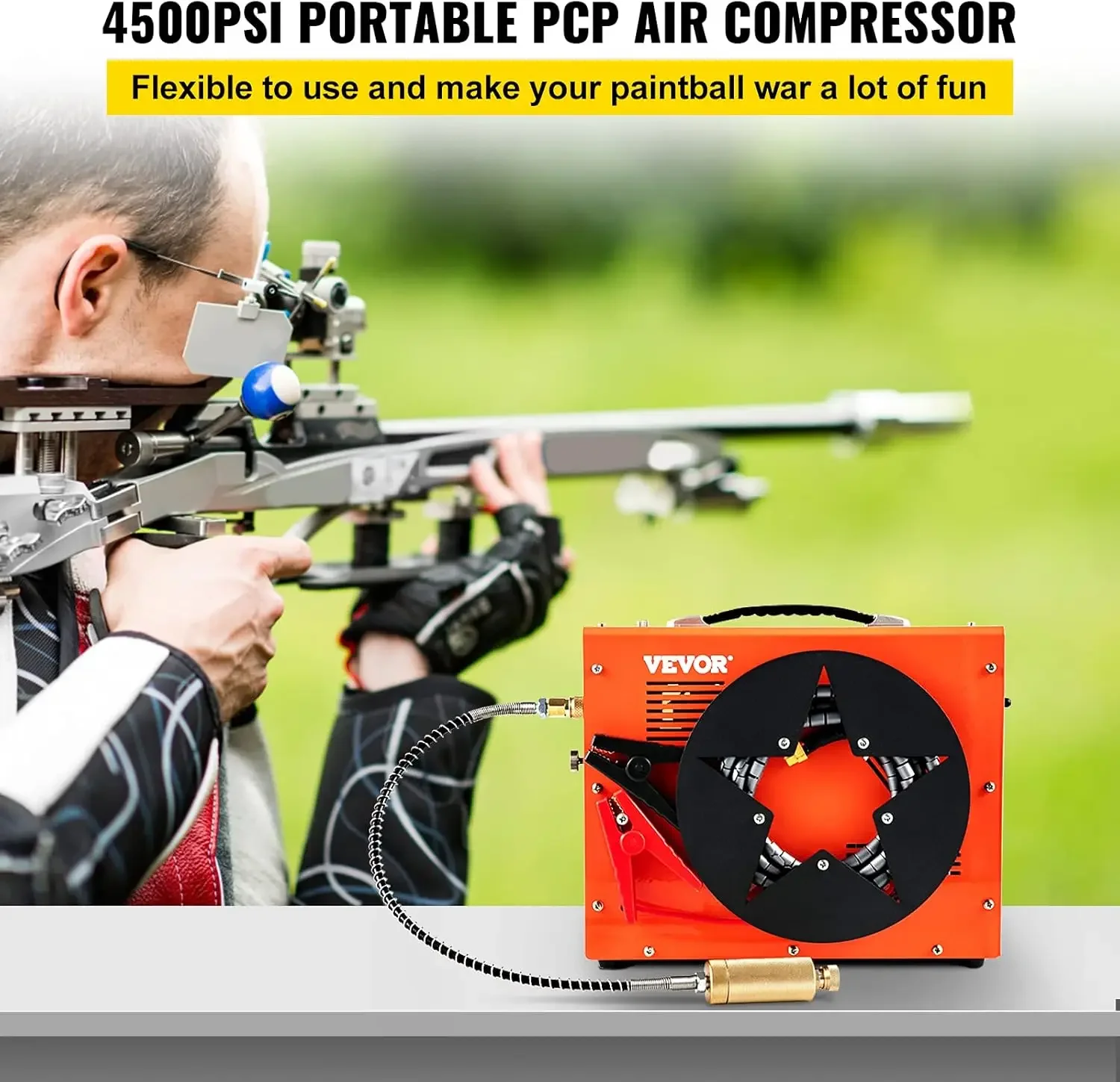 PCP Air Compressor 4500Psi DC 12V Car or AC 110V/220V Auto-stop with Built-in Water Oil Adapter Cooling Fan for Paintball Scuba