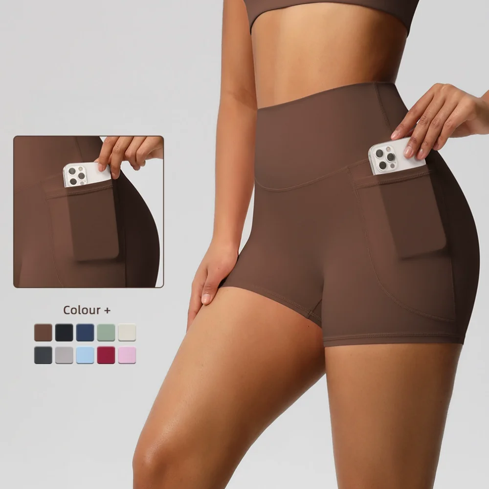 Women's High-Waist Tight Butt Lifting Yoga Shorts With Pockets Sports Shorts Solid Color Running Cycling Fitness Workout Pants