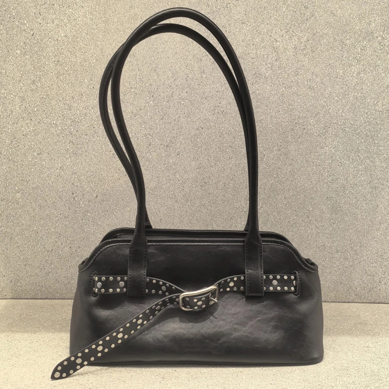 

Korean Casual Bags For Women Luxury Designer Handbag Purse 2025 New In PU Inlaid Rivets Belt Buckle Top Handle Underarm Shoulder