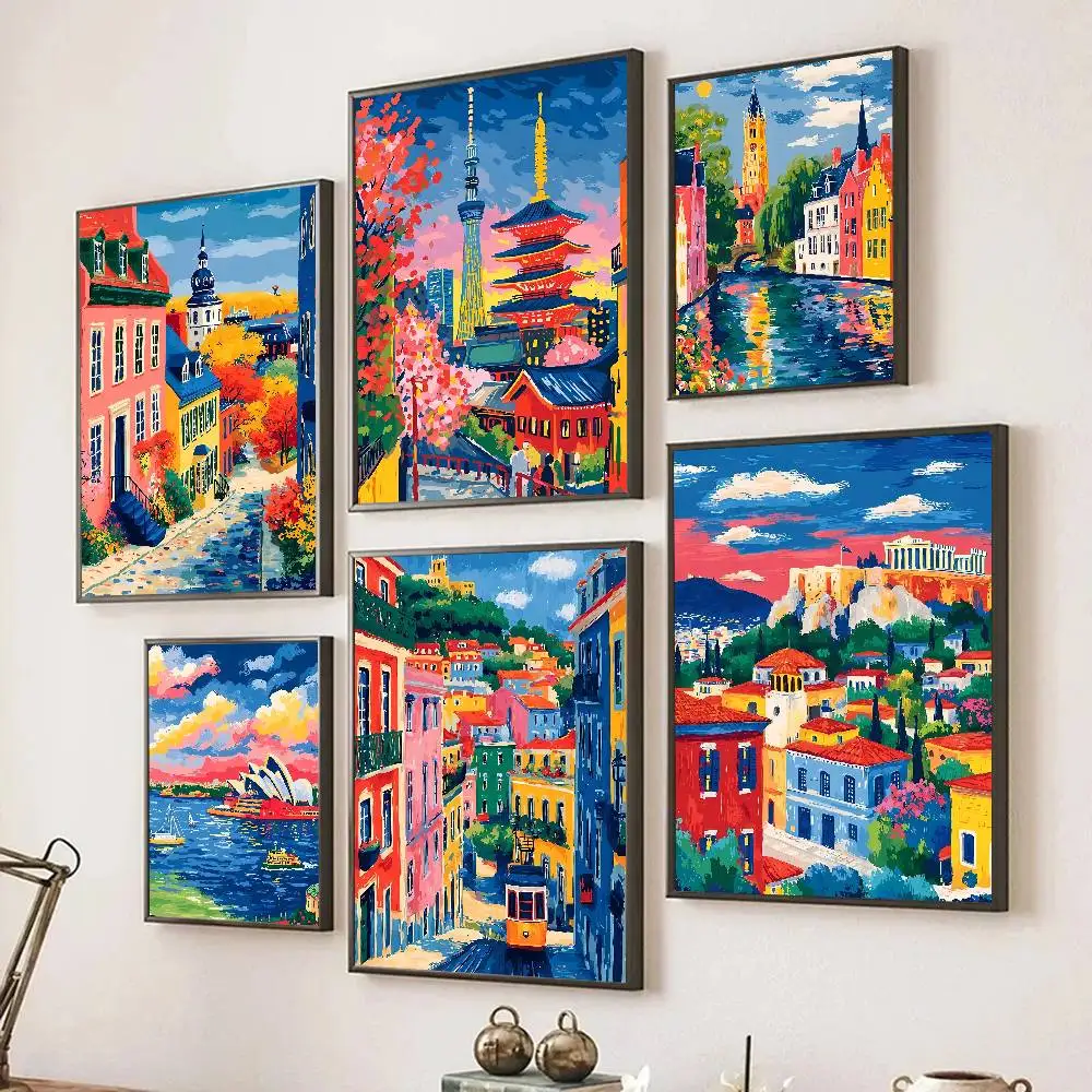 Urban Landscape Paintings Colorful Scenes Poster Self-adhesive Art Room Entrance Restaurant Wall Decor Art Painting