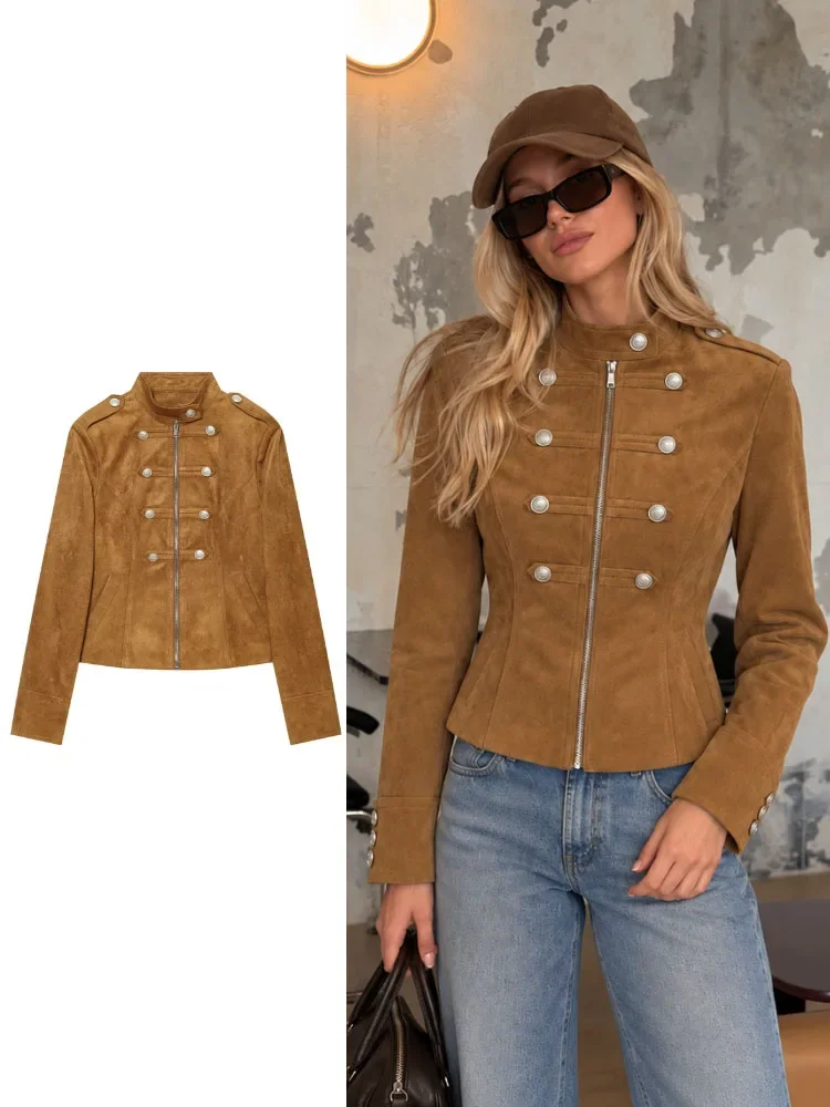 Nueva chaqueta de estilo vintage en ante marrón para mujer, con cuello alto, cierre de cremallera y botones metálicos, ideal para un look casual y urbano en otoño y primavera.