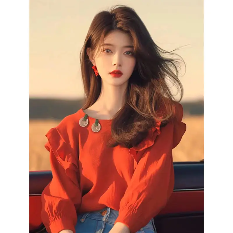 Red Ruffled Long-sleeved Shirt Autumn Clothes for Women 2025 New Fashionable Versatile Top