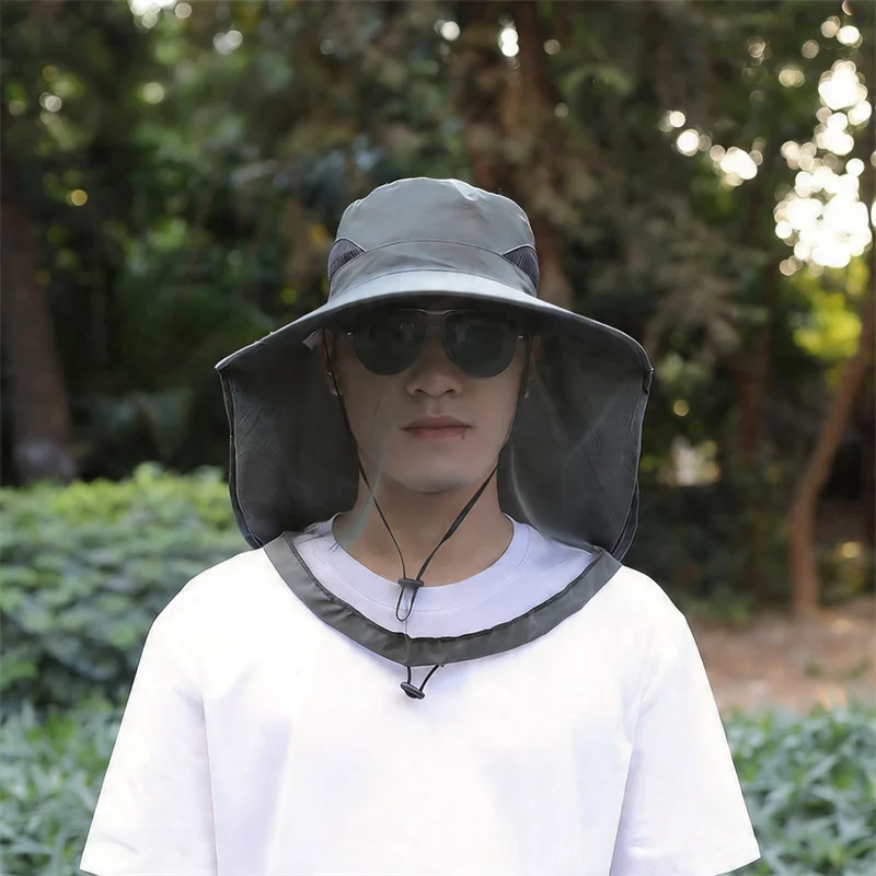 2026 Men's Wide Brim Sun Hat UV Protection Fishing Hat with Neck Flap Removable Face Mask Breathable Summer Outdoor Safari Cap