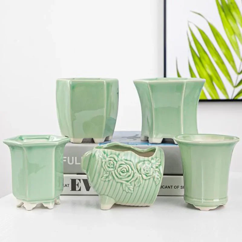 Celadon Creative Geometric Shape Porcelain Flowerpot Breathable Vase Gardening Art Fleshy Pot Container Planter Home Decor