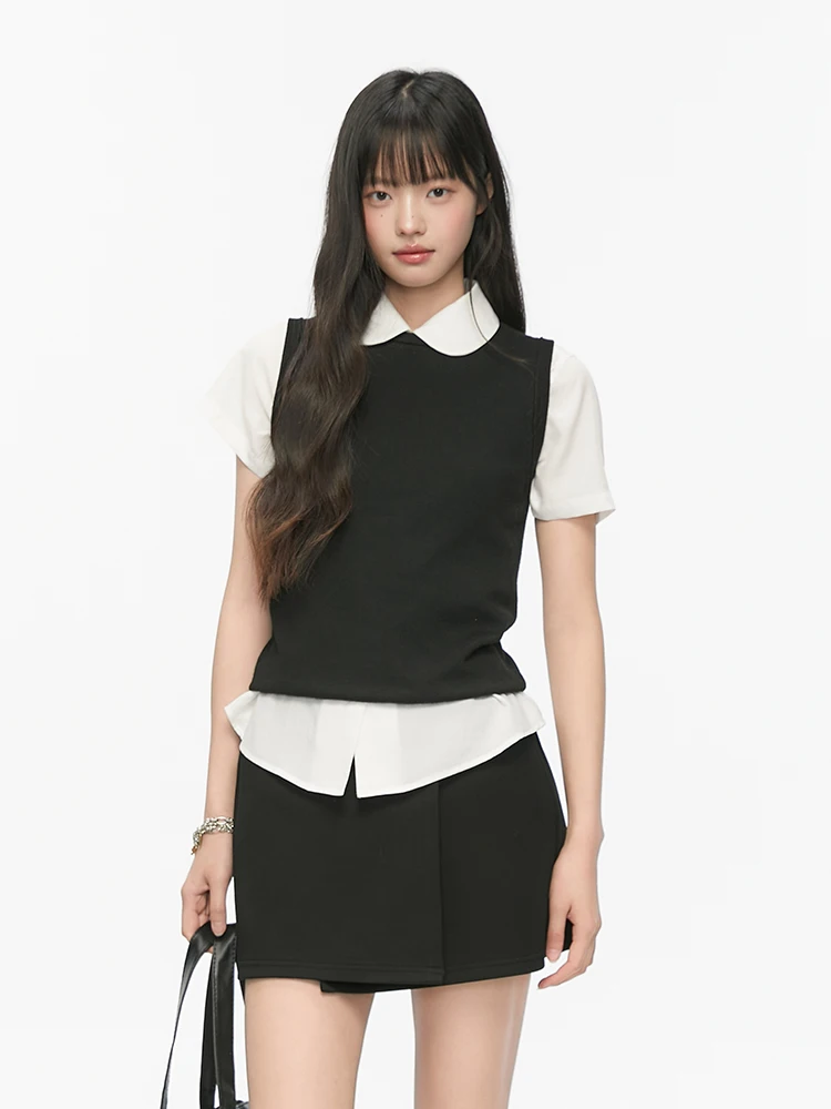 

Розовый летний повседневный корейский комплект: укороченный топ, юбка А-силуэта и футболка с круглым вырезом для женщин