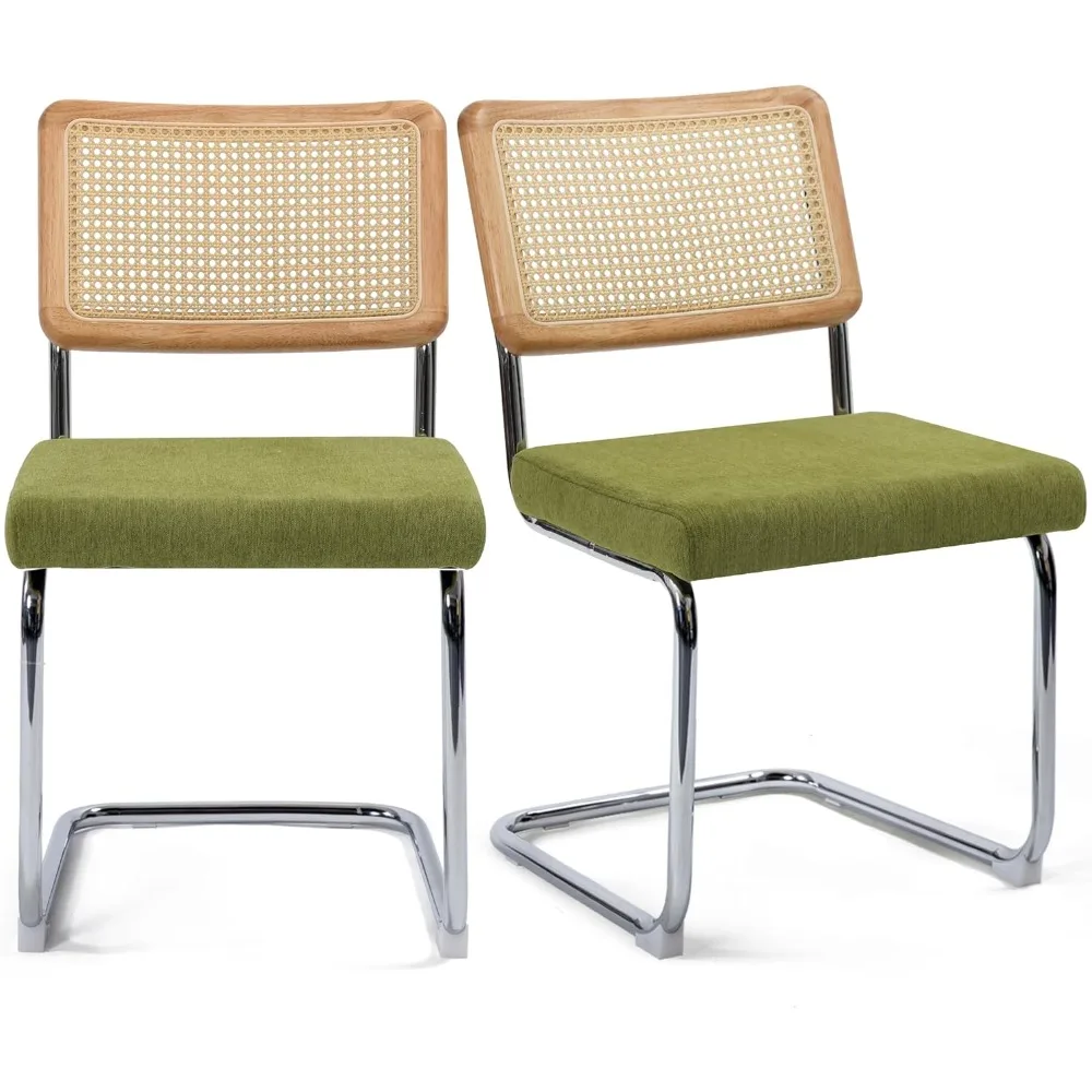 

Modern Cesca Cane Dining Chairs, Set of 2, Handwoven Rattan Cane Back, Chrome Base, Upholstered Cotton Seat