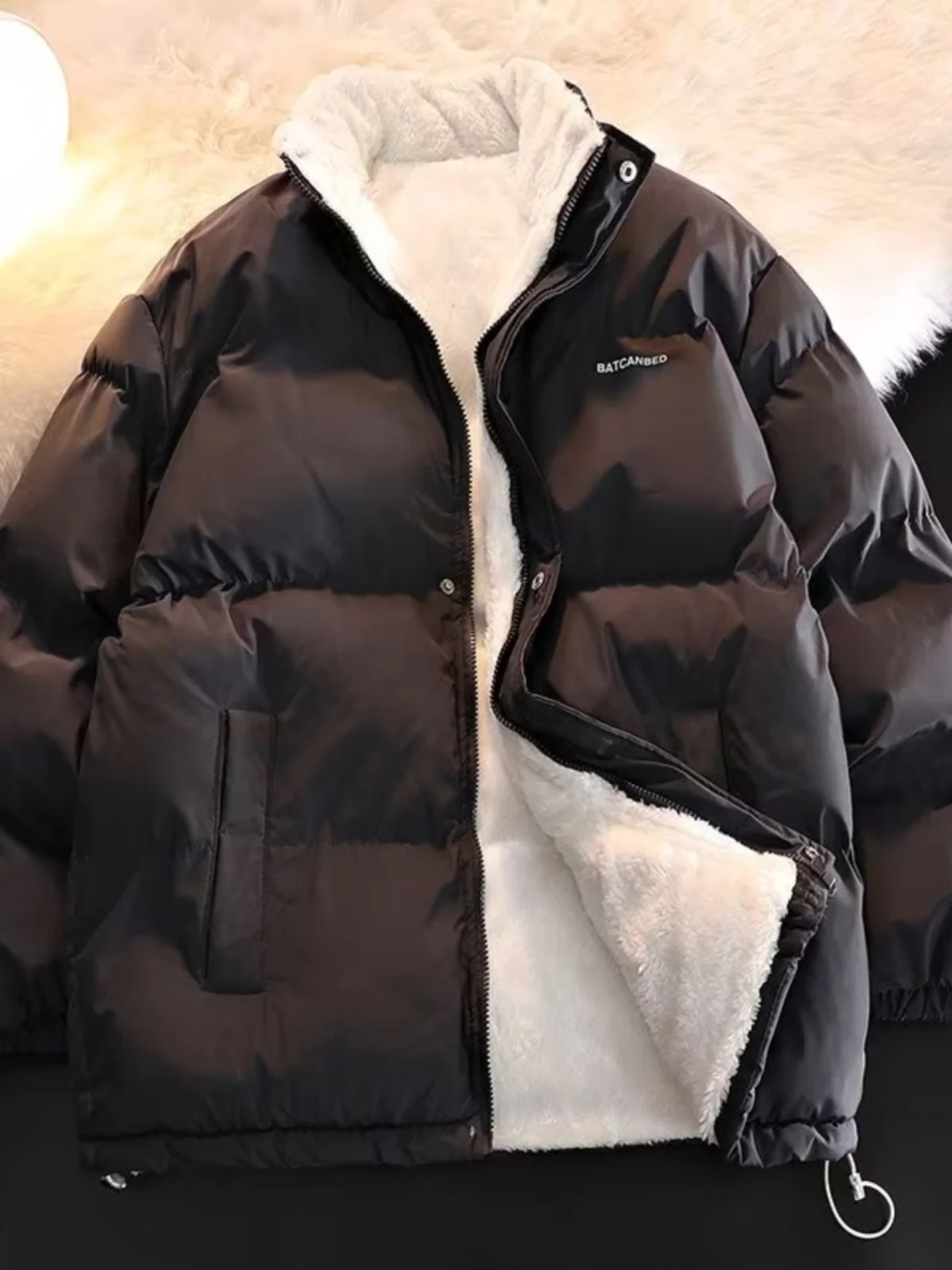 

Men's Thiened Fce Lined Stand Collar Cotton Jaet Winter Warm Loose Fit Bread Sle Pure Color Outerwear for Teens And ...