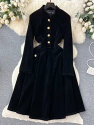 Runway Hepburn Style Black Retro Velvet Dress Women's Autumn Winter French Golden Button Stand Long Sleeve Midi Vestidos