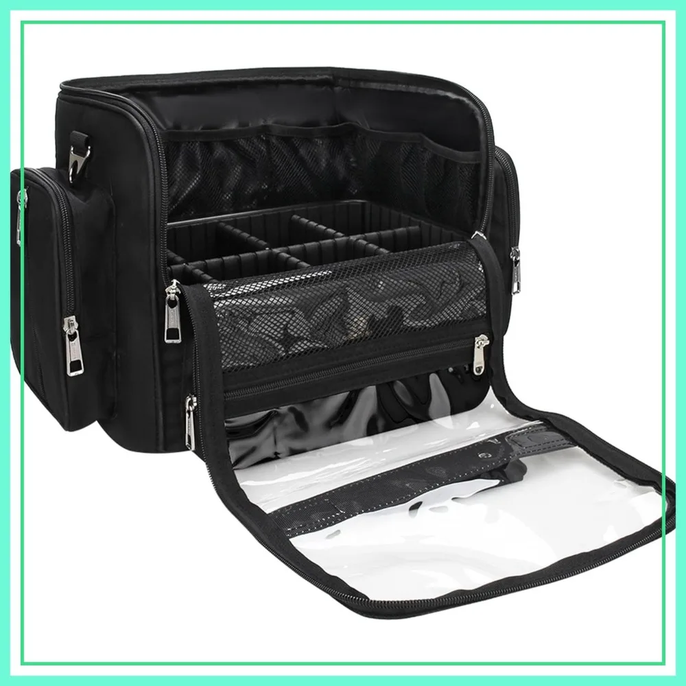 

Professional Travel Makeup Brush Case, Extra Large Stand Up Makeup Brush Holder with Shoulder Strap, Full Open with Compartments