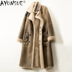 AYUNSUE Winter Leather Fur Coat Women Natural Sheepskin Fur In One Fur Coat Warm Jacket Long Casual Thick Winter Coat Women