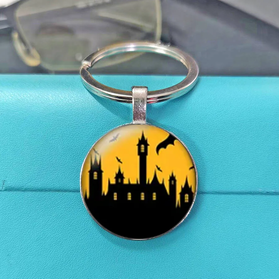 Fashionable And Exquisite Cartoon Black Silhouette Haunted Castle Glowing Yellow Window Glass Keychain