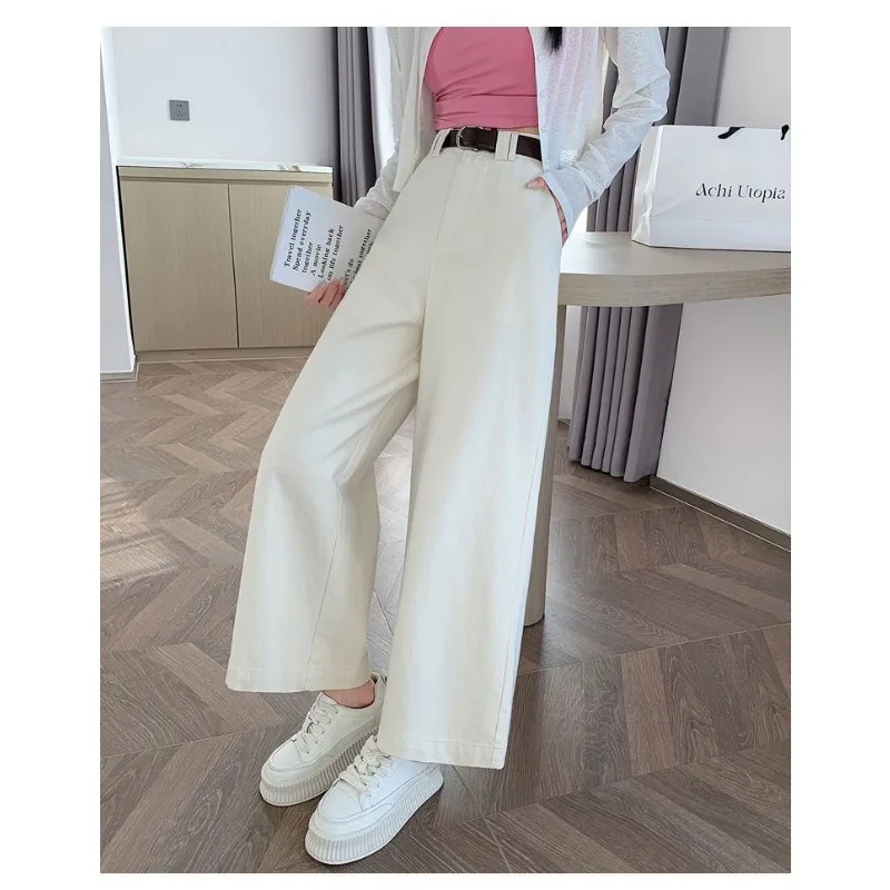 Solid Color Button Zipper High Waist Pocket Nine-point Wide Leg Pants Women's Casual Loose Straight Pants Trousers