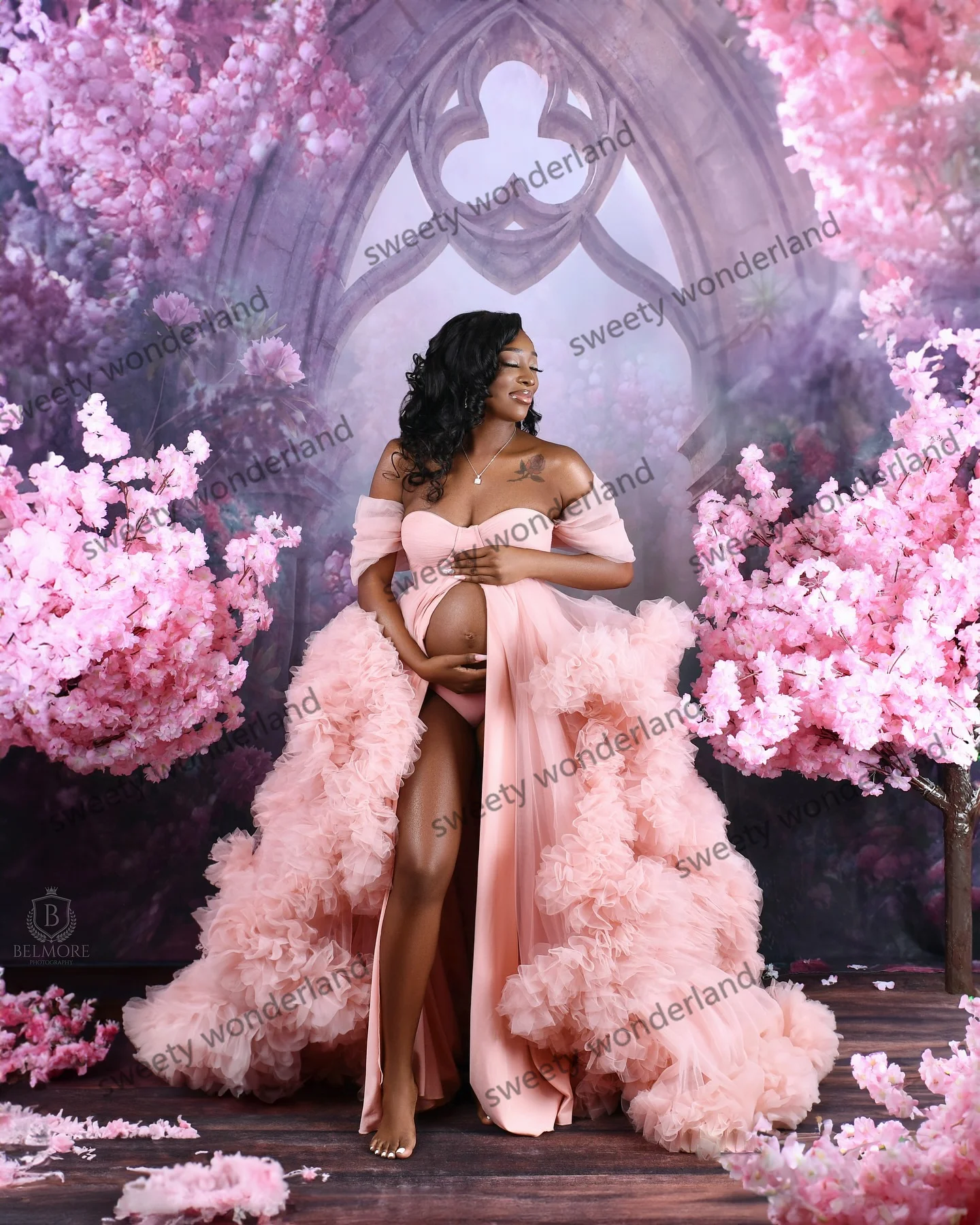 Pink Prom Dresses Off Shoulder Lined Maternity Photoshoot Dress Baby Shower Gowns with Slit Fashion Photography Props