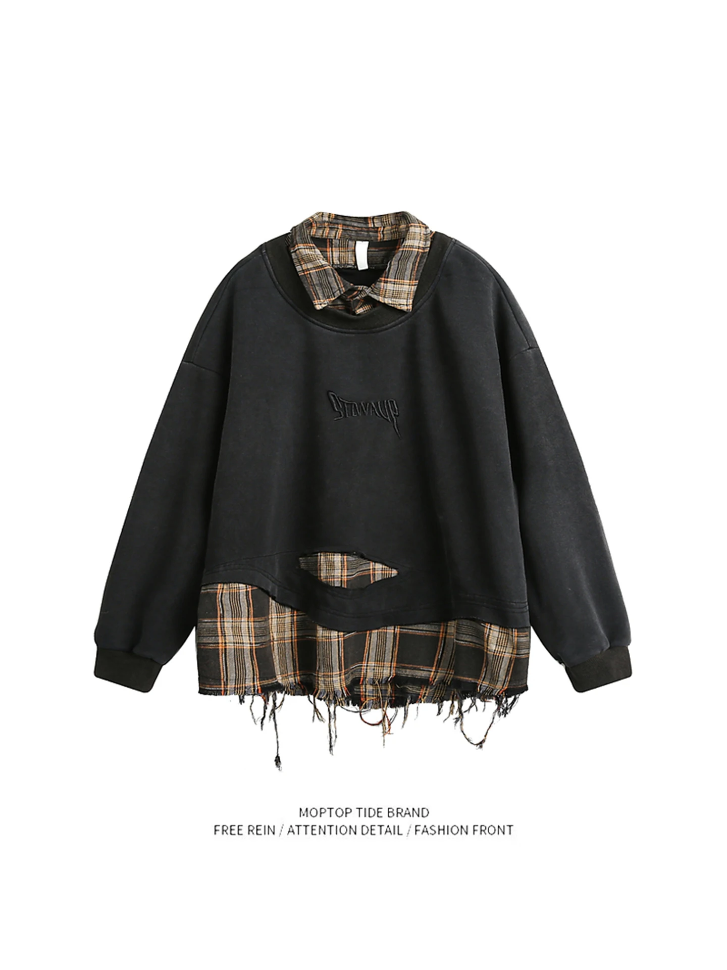American Retro Plaid Splicing Destroyed Collar Sweatshirt Loose Trendy Unisex Autumn Fashionable Top Youth Polyester Fiber