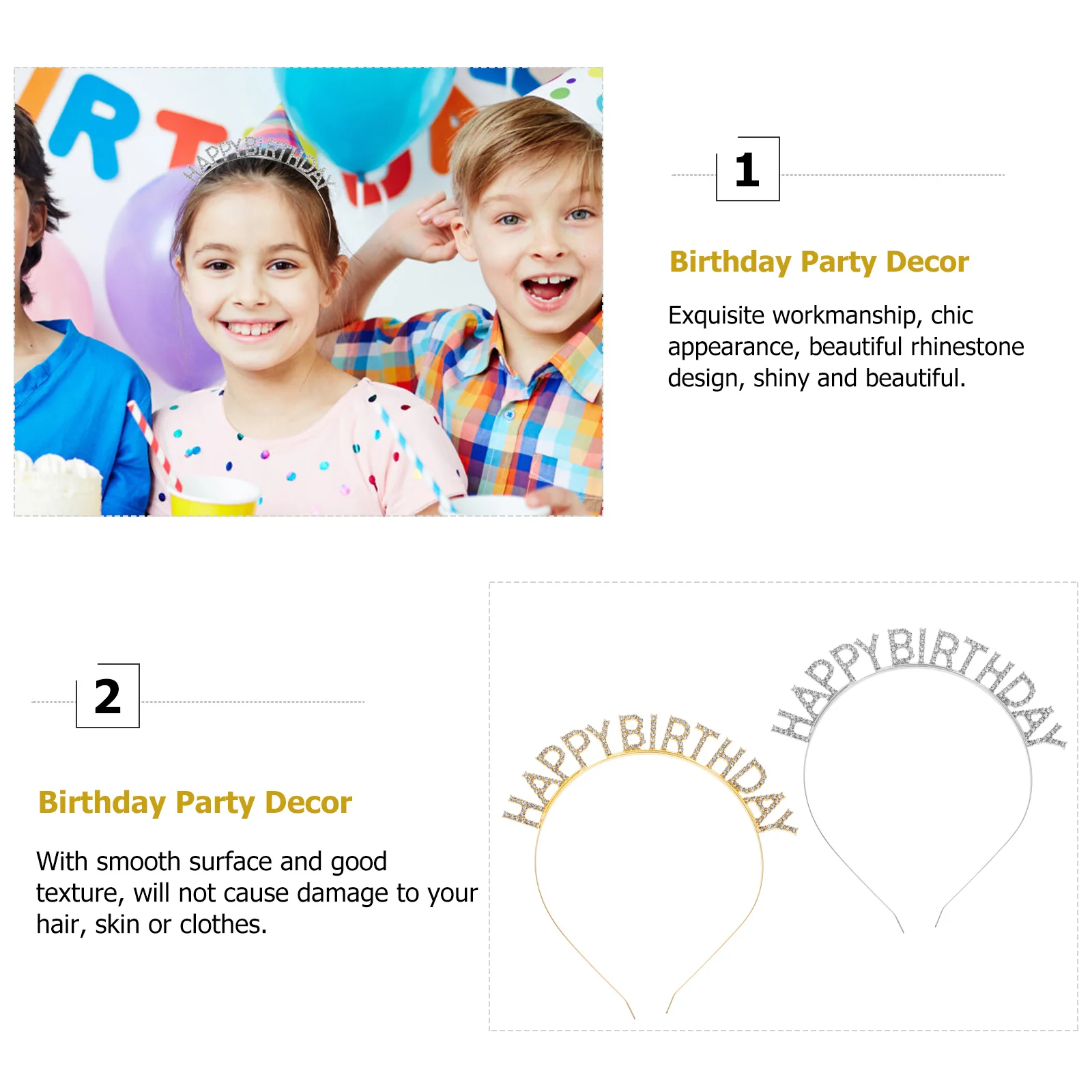 

2Pcs Rhinestone Headb Birthday Party Decor Alloy Headdress Hair Accessories Women Photo Prop Durability Smooth Texture