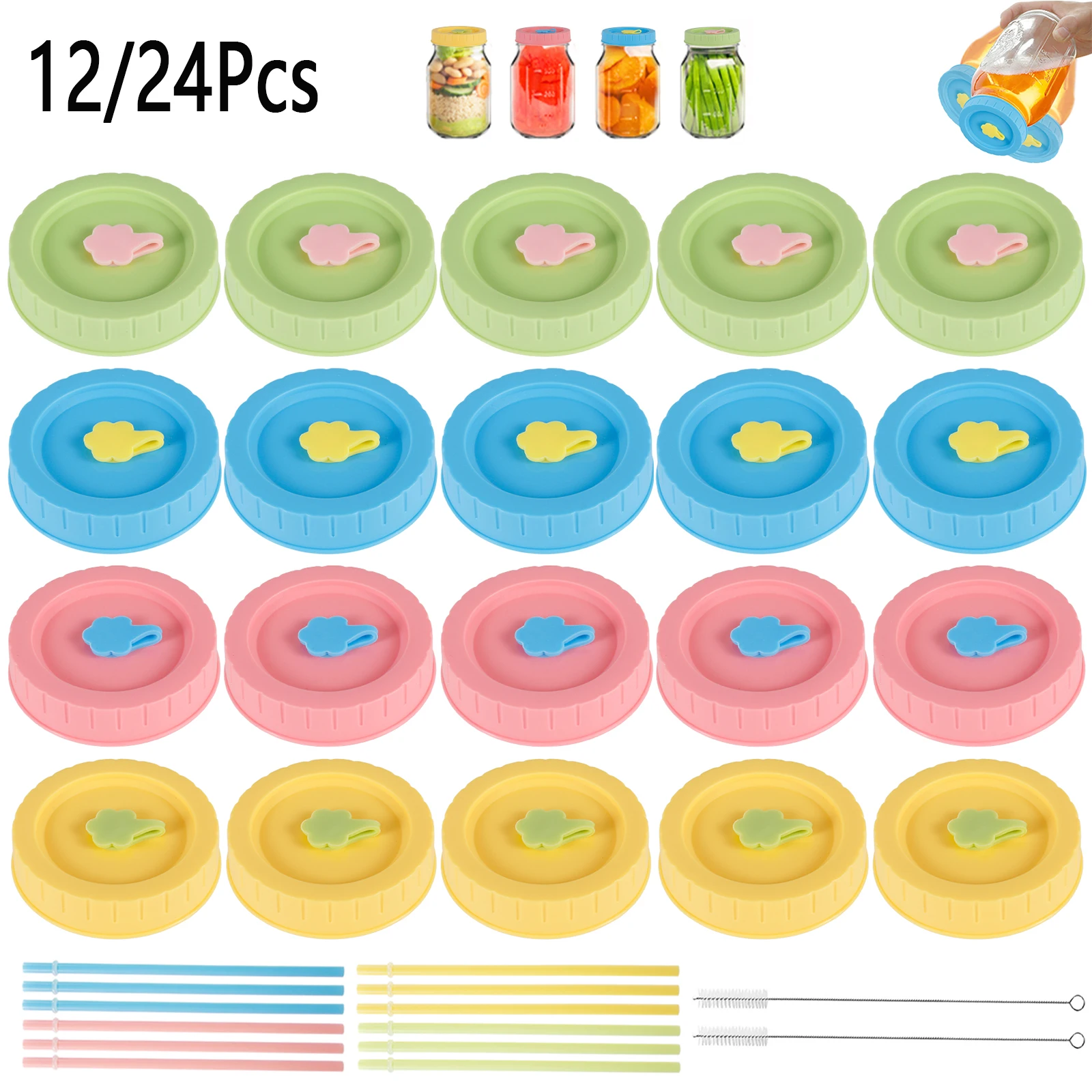 Juego de tapa de tarro de masón de plástico reutilizable, tapa acanalada colorida para tarro de boca ancha, sello a prueba de fugas, tapa de caño, 12/24 piezas, 70mm