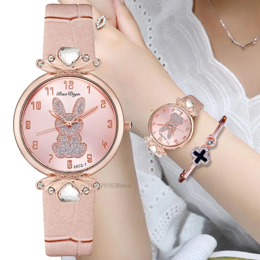 

Simple 2024 Pink Diamond Bunny Design Women Fashion Watches Retro Ladies Quartz Wristwatches With Number Female Leather Clock