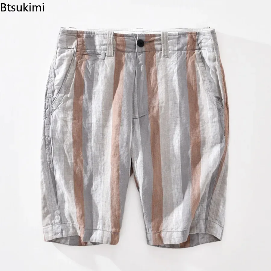 

Summer Contrasting Striped Men's Linen Shorts Lightweight and Comfortable Beach Shorts Loose Straight Leg Casual Cropped Pants