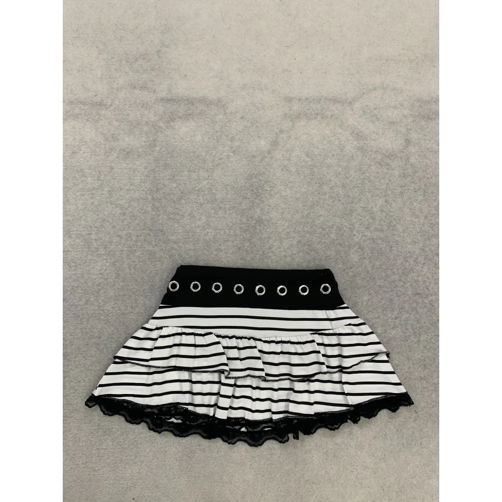 Women Striped Tiered Mini Skirt Eyelet Wide Waistband Lace Hem Ruffle Layered Skirt Y2K Harajuku Streetwear Daily Party Outfit