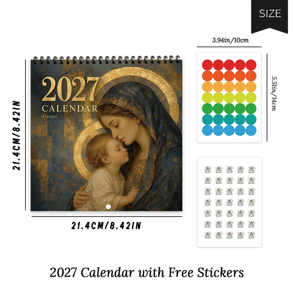 1pc 2027 Religious Icon Vintage Wall Calendar,12‑Month Planner,Gift For Back‑to‑School,Christmas,New Year,Free Stickers Included