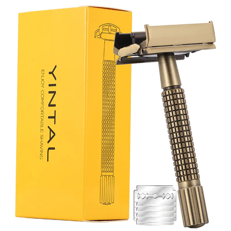 YINTAL Brass Men Safety TTO Razor Classic Butterfly Double Edges Razors Plating Grid Handle Shaver With 5 Blades