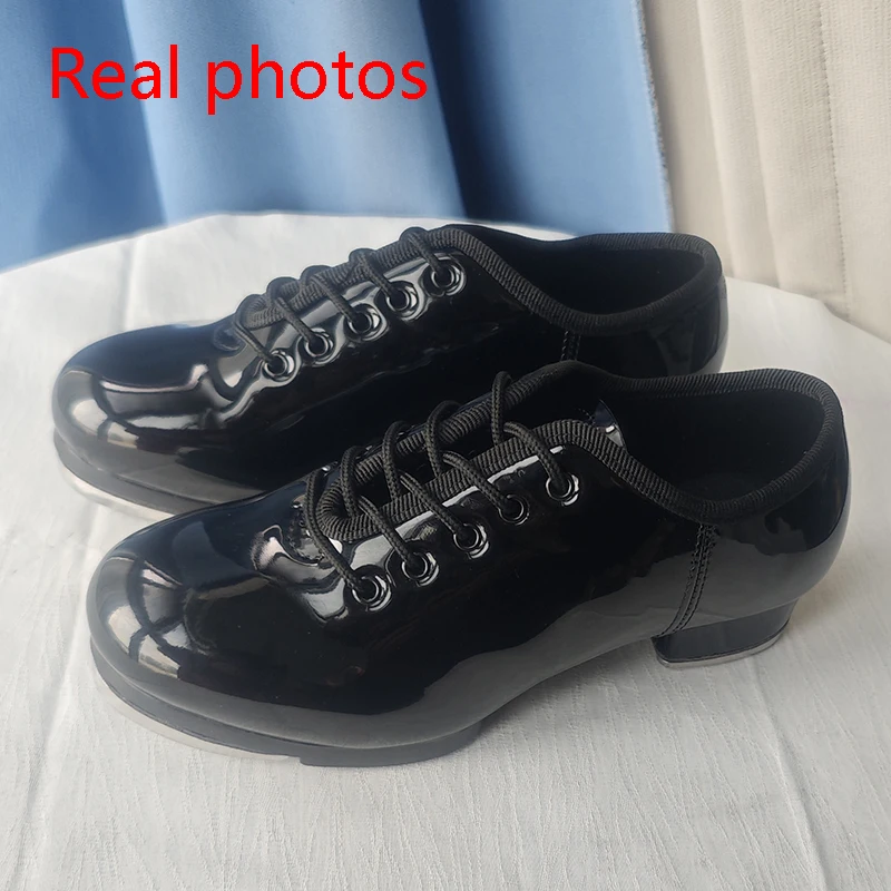 Sapatos de dança de torneira de couro adulto das mulheres dos homens sapatos de chute esportes fundo macio de couro placa de alumínio de alto impacto sapato preto