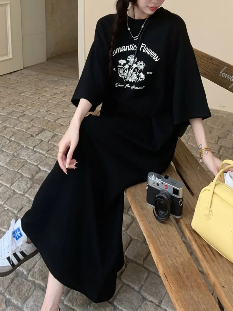 Mozigda Summer Loose Print T Shirt Dress Donna Elegante Vintage Nero Coreano Abito da donna Abiti