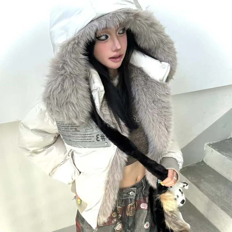 

Американские винтажные парки с капюшоном и длинными рукавами в стиле пэчворк с воротником из искусственного меха, женская повседневная уличная одежда Y2k, ретро Harajuku, зима 2023 г.