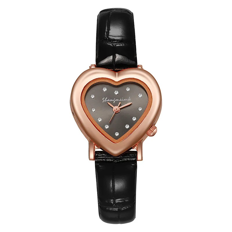 Fashion Rhinestone Heart Dial Women Watches Leather Band Quartz Watch