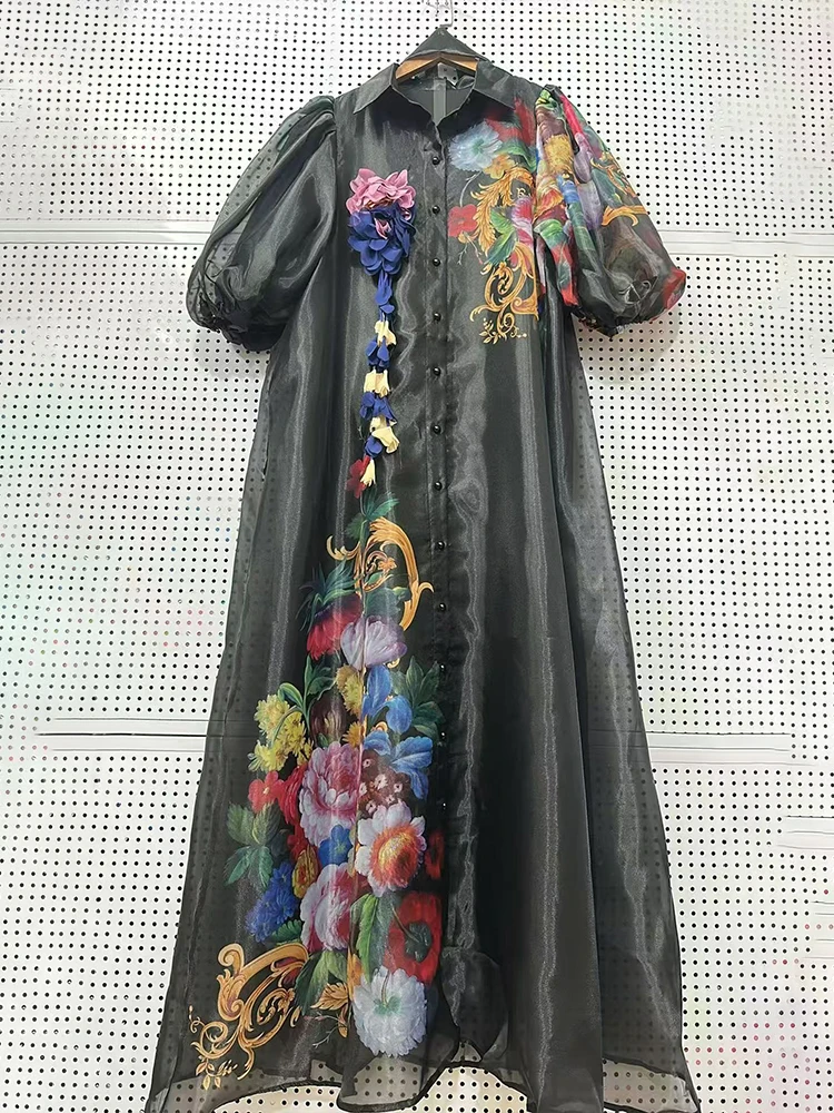 Retro printed lapel tie waist cinched organza dress for 2026 summer women's shirt skirt, fashionable loose puffy skirt