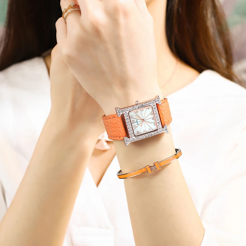 女性のための高級クォーツ時計,エレガントなファッション,正方形,耐水性,革,ガールフレンドへのギフト