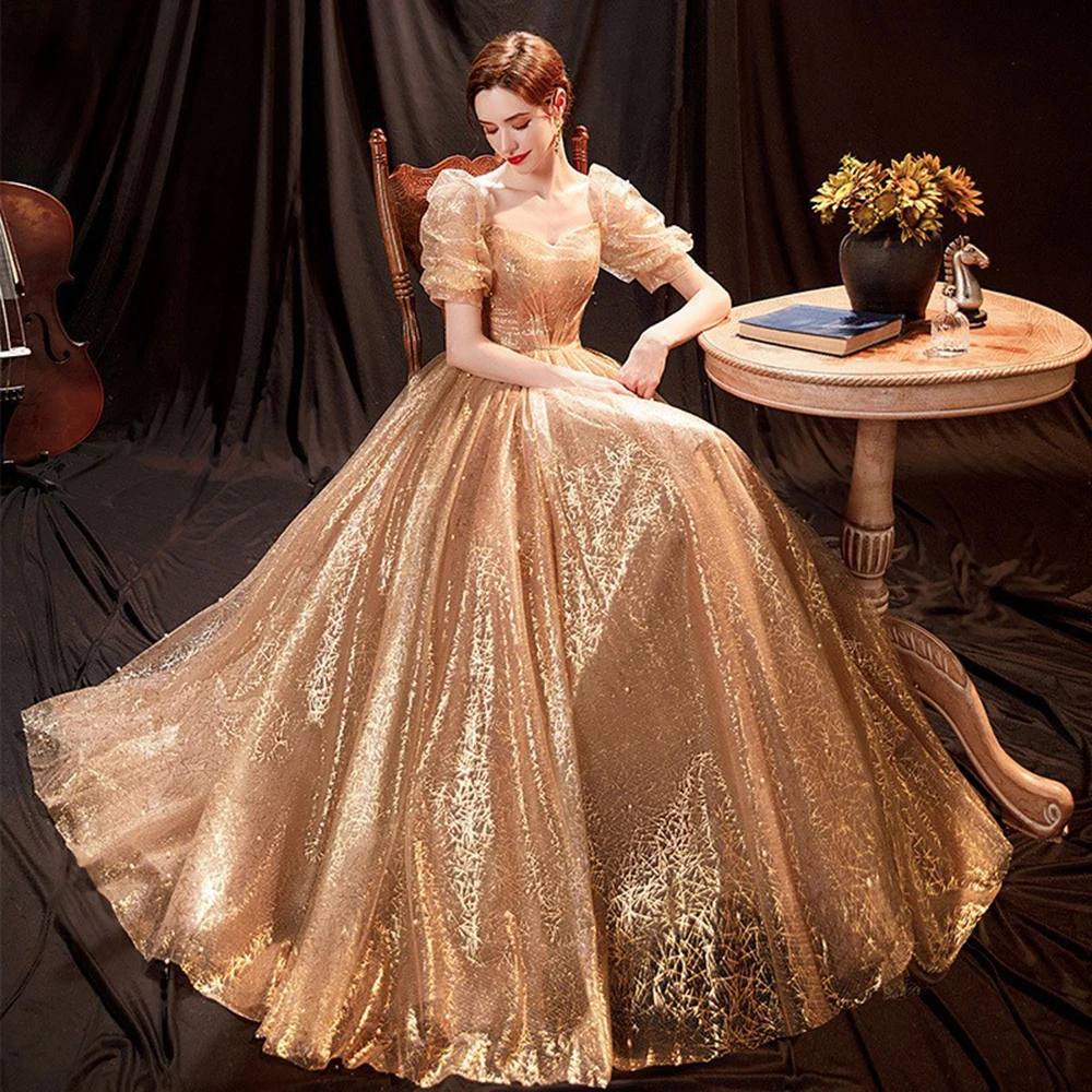 Light Luxury Golden Evening Dress For Women Elegant Shinning Square Collar Host Vestido Puff A-Line Stage Performance Gown