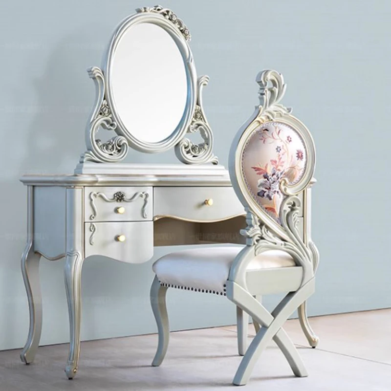 French Solid Wood With Mirror Vanity Table Drawers Storage Stool Luxury Makeup Dressing Table Desk Decor Penteadeira Furniture