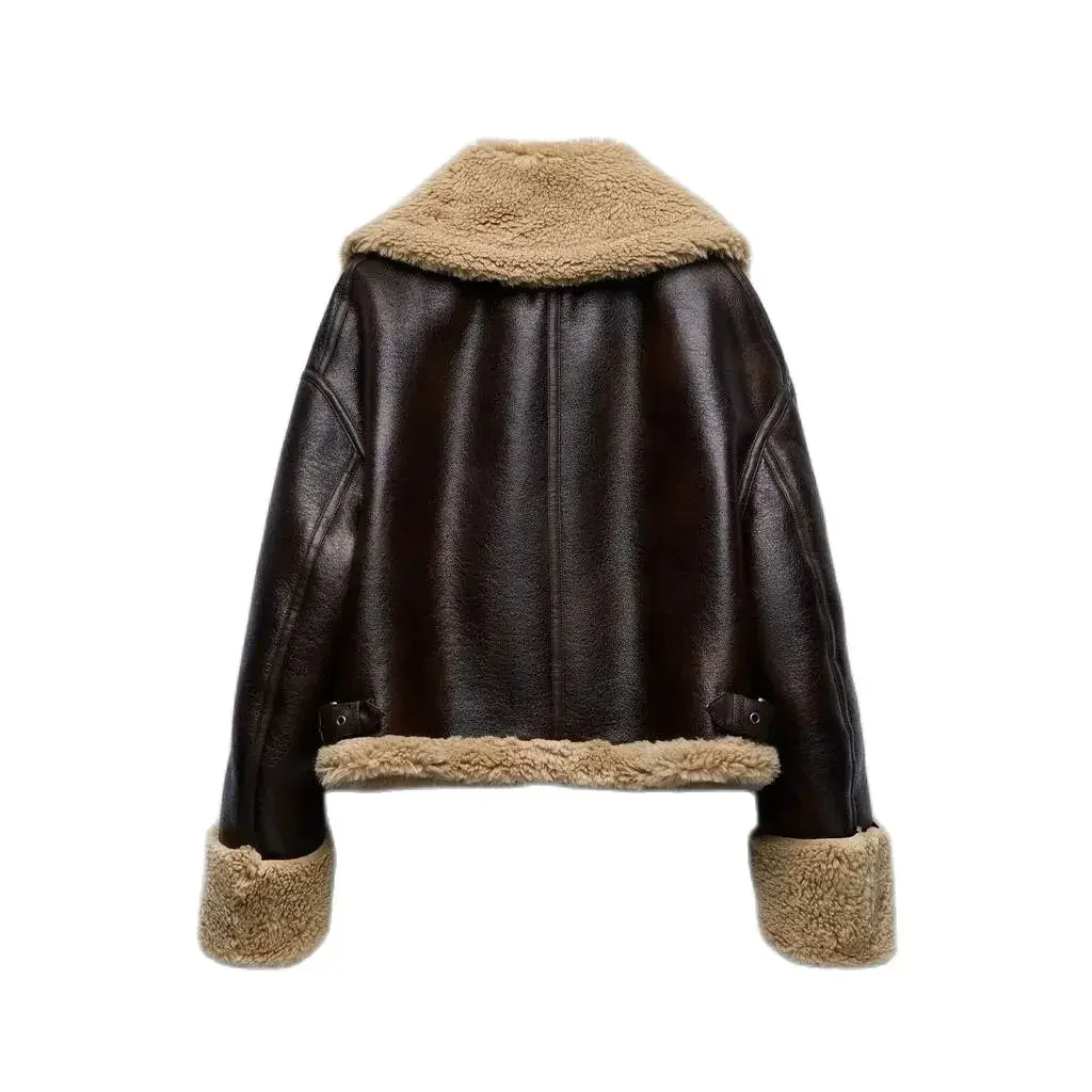 2024 Autumn and Winter New Women\'s Street Style Fur and Leather Double-sided Short Fleece Jacket Coat Leather Jacket