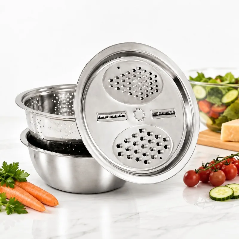 3pcs Stainless Steel Kitchen Colander Set Multi Function Drainer With Grater Bowl Fruit Vegetable Cheese Food Prep Tool Kit Sets
