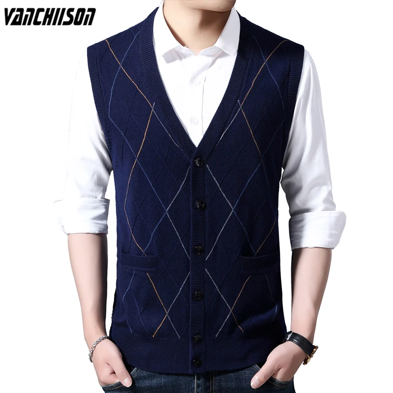 

Men 50% Wool Vest Sleeveless Knit Buttons Down V Neck Striped Sweater Cardigan for Autumn Winter Smart Casual Fashion 00456