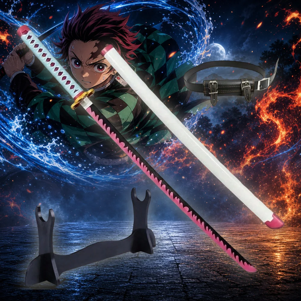 

40inch 101cm Katana Sword Demon Slayer Tanjiro Nichirin Saw Tooth Black Pink Blade Wood Bamboo Japanese Samurai Anime Cosplay Prop Stand Belt Set Real Size Otaku Collectible Gift Toy Display Bushido Ninja Knife Schwert Sabre