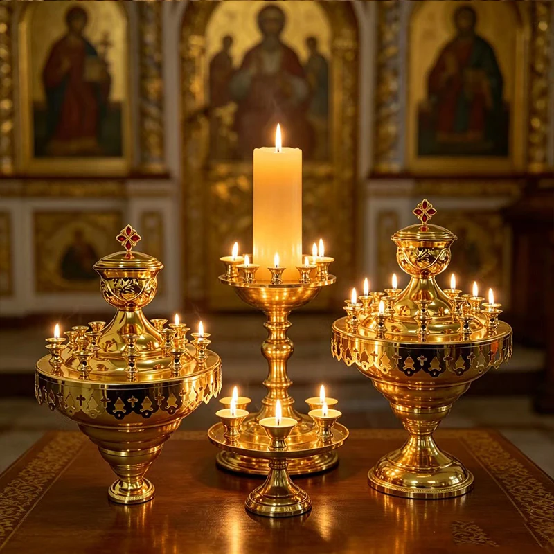 New 2026 38.5cm Gold Plated Multi-Candle Candelabra with Cross Cutouts for Orthodox Catholic Church Altar Liturgy Decor Gift